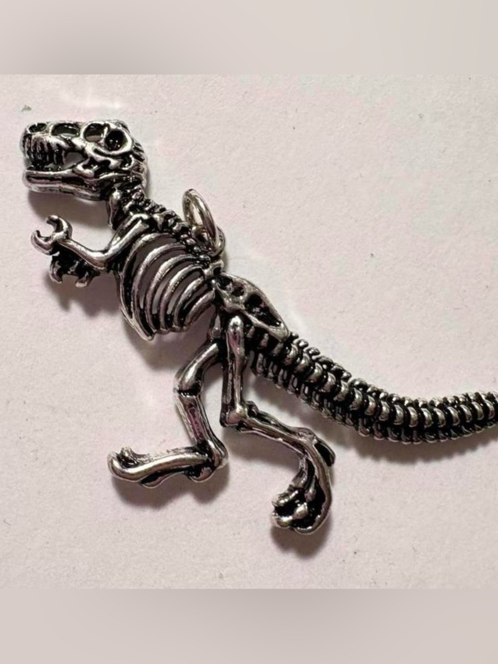 Silver Dinosaur Skeleton Pendant Necklace - Gothic Statement Jewelry